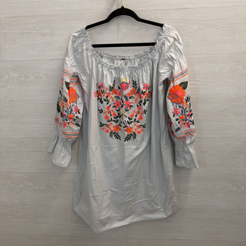 Free People Blue/ Bright Embroidered Off Shoulder Long Sleeve Dress Medium