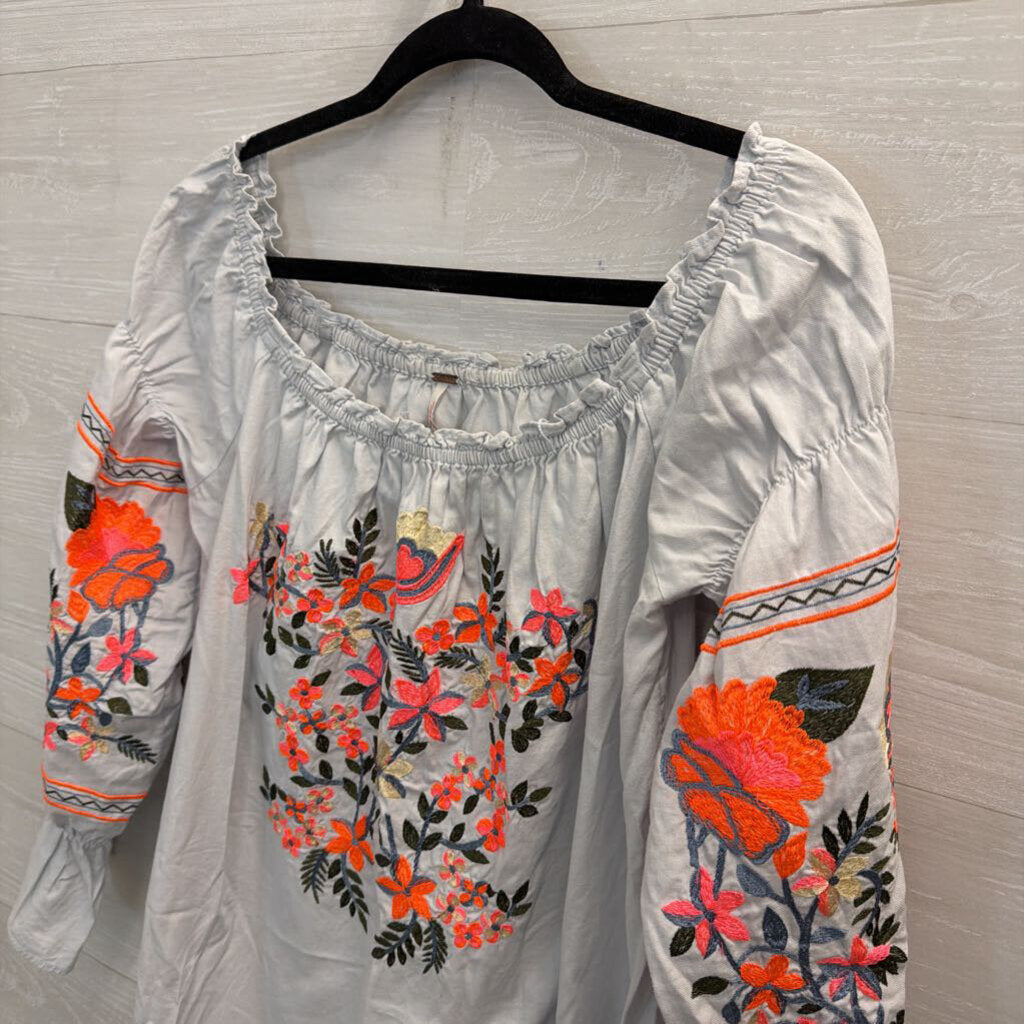 Free People Blue/ Bright Embroidered Off Shoulder Long Sleeve Dress Medium