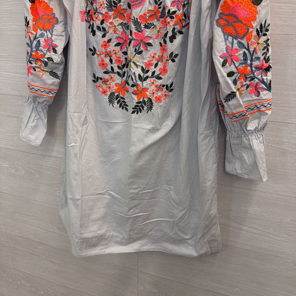 Free People Blue/ Bright Embroidered Off Shoulder Long Sleeve Dress Medium