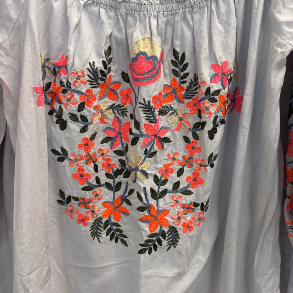 Free People Blue/ Bright Embroidered Off Shoulder Long Sleeve Dress Medium