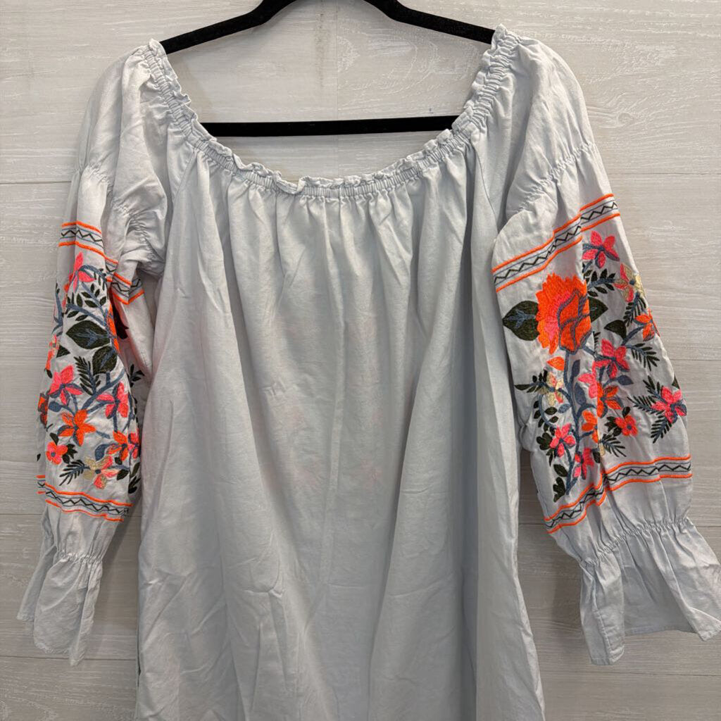 Free People Blue/ Bright Embroidered Off Shoulder Long Sleeve Dress Medium