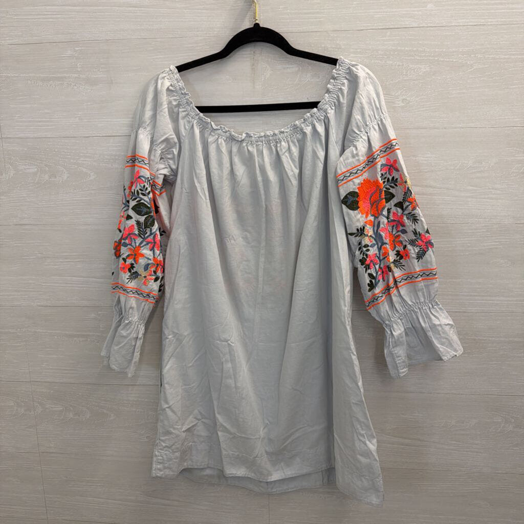 Free People Blue/ Bright Embroidered Off Shoulder Long Sleeve Dress Medium