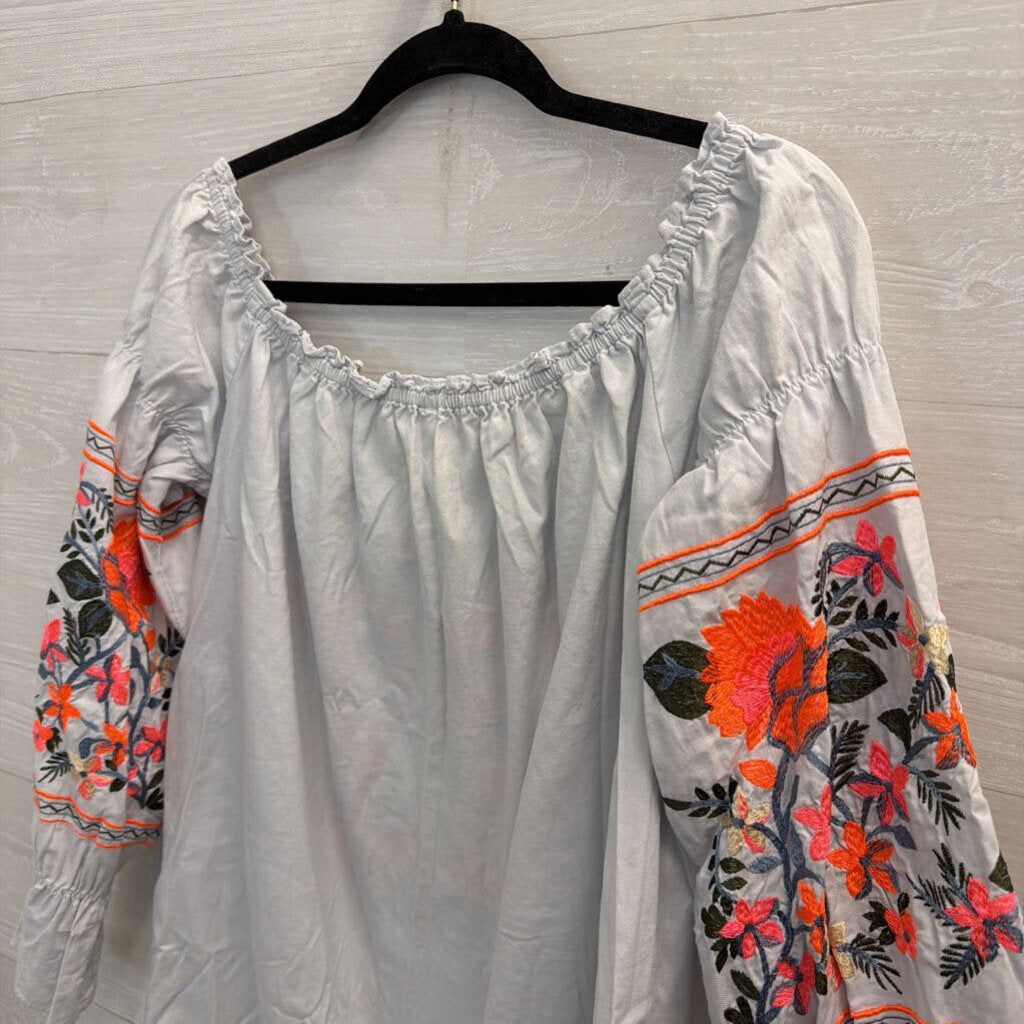 Free People Blue/ Bright Embroidered Off Shoulder Long Sleeve Dress Medium
