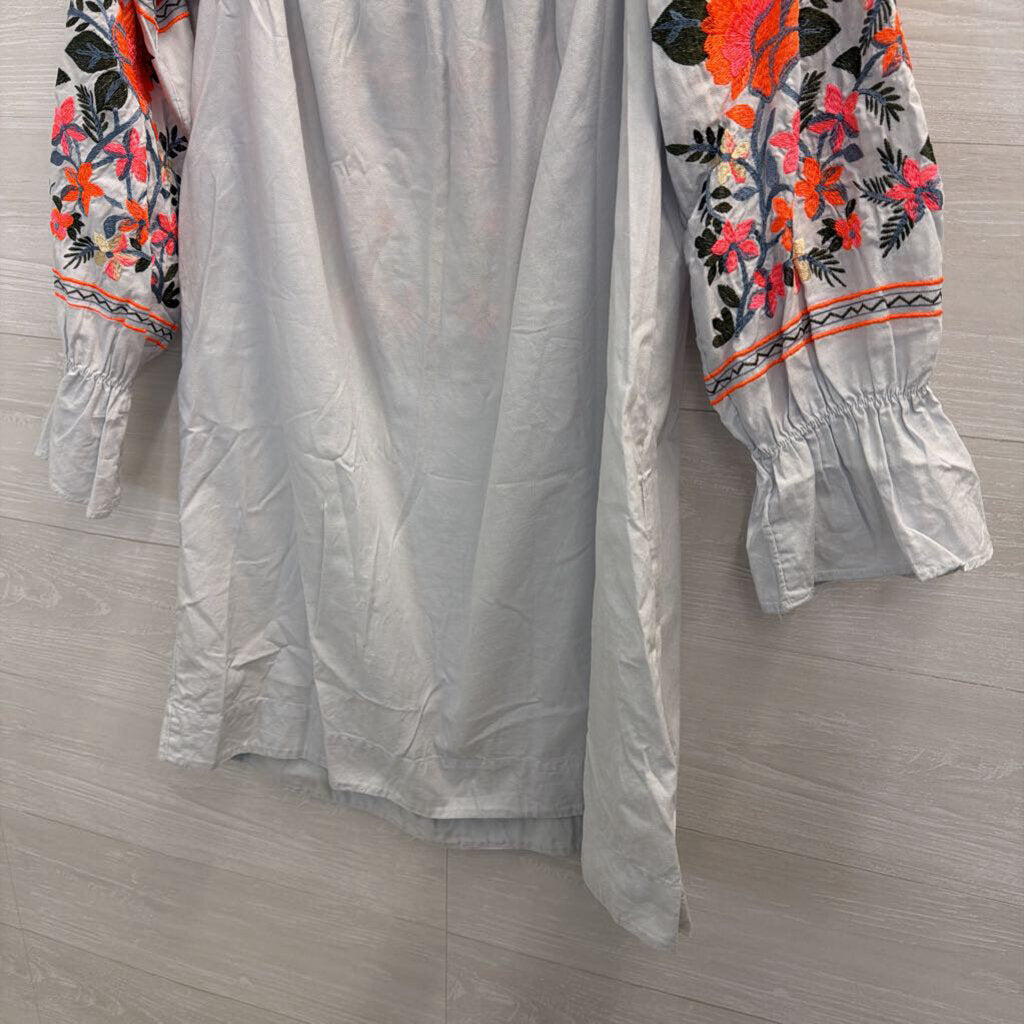 Free People Blue/ Bright Embroidered Off Shoulder Long Sleeve Dress Medium