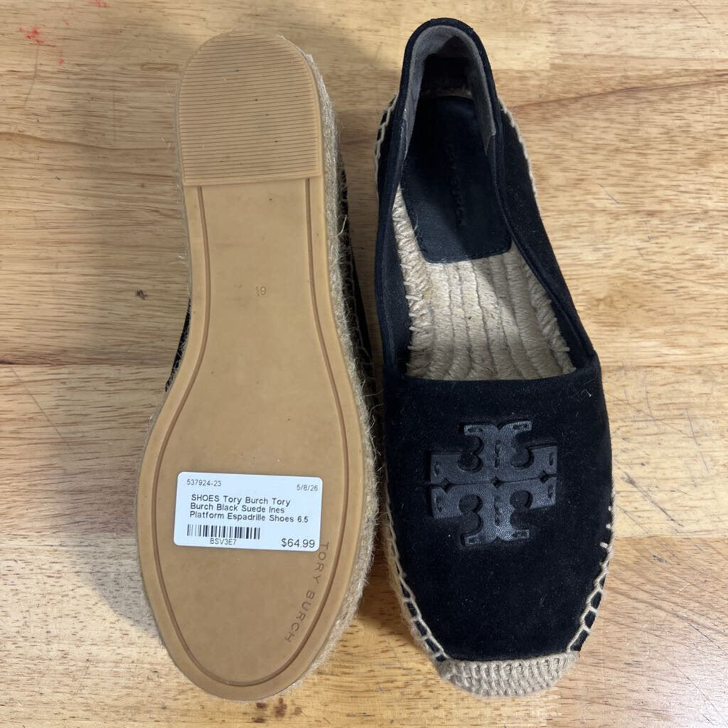Tory Burch Black Suede Ines Platform Espadrille Shoes 6.5