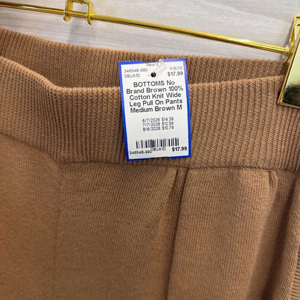 Brown 100% Cotton Knit Wide Leg Pull On Pants Medium