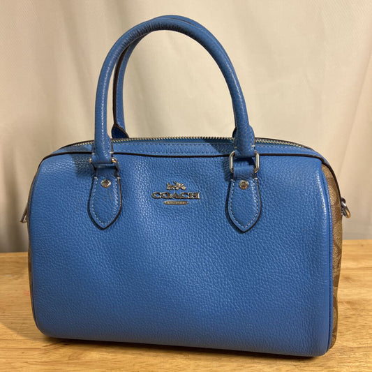 Coach Blue/ Brown Side Signature Print Leather Rowan Satchel Purse