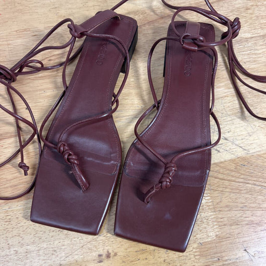 Mango Brown Leather Strappy Lace Up Square Toe Shoes 39