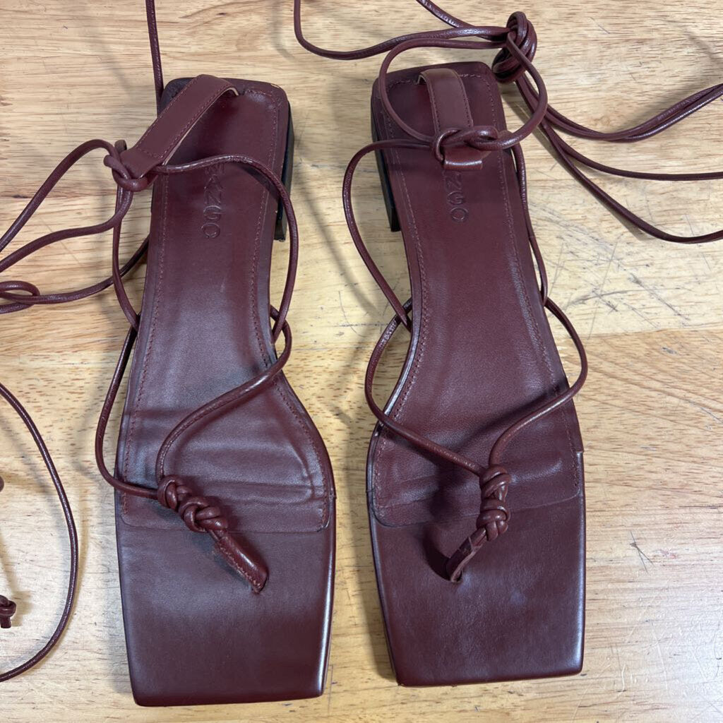 Mango Brown Leather Strappy Lace Up Square Toe Shoes 39