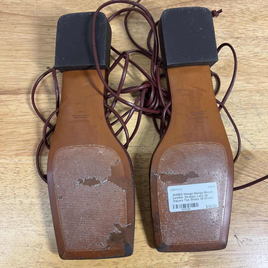 Mango Brown Leather Strappy Lace Up Square Toe Shoes 39