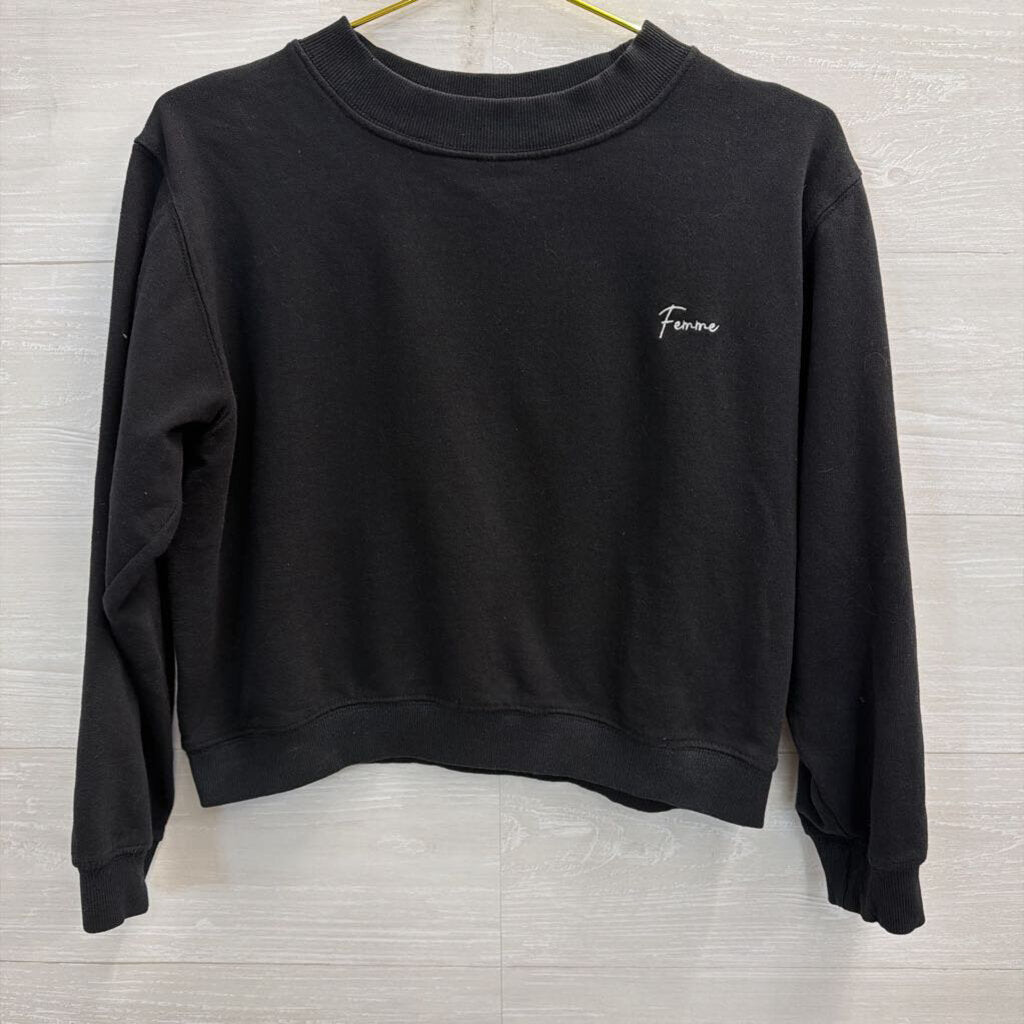 French Connection Cropped Black Femme Crewneck Long Sleeve Top Medium