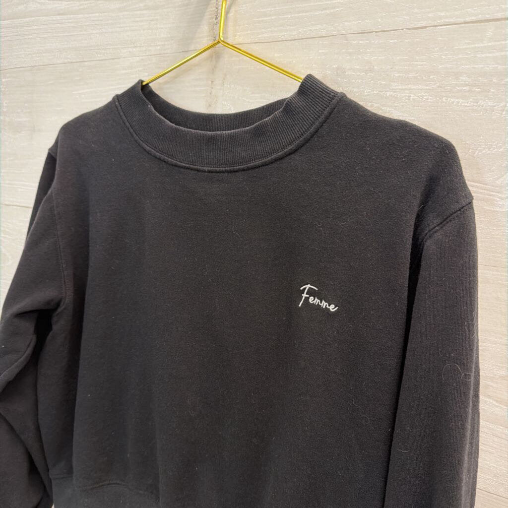 French Connection Cropped Black Femme Crewneck Long Sleeve Top Medium