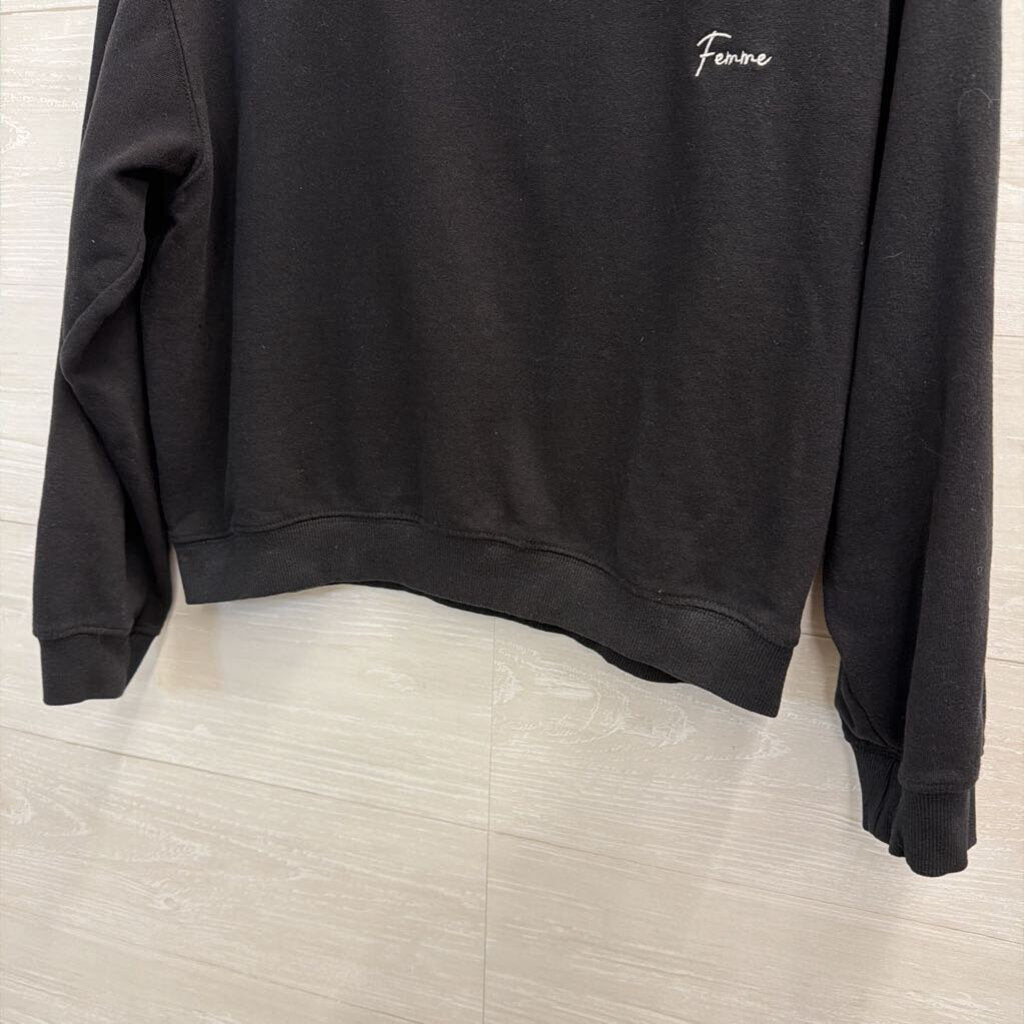 French Connection Cropped Black Femme Crewneck Long Sleeve Top Medium
