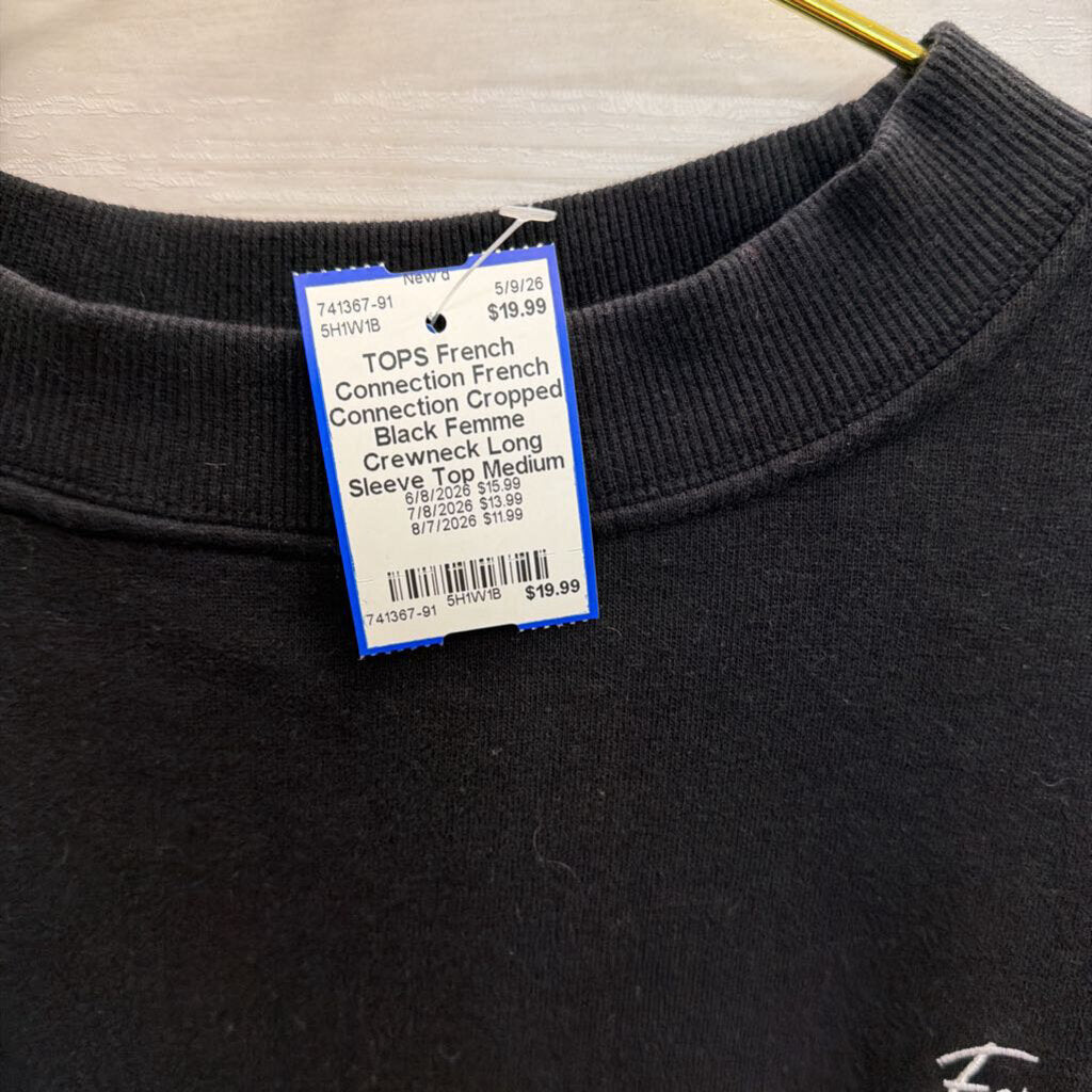 French Connection Cropped Black Femme Crewneck Long Sleeve Top Medium