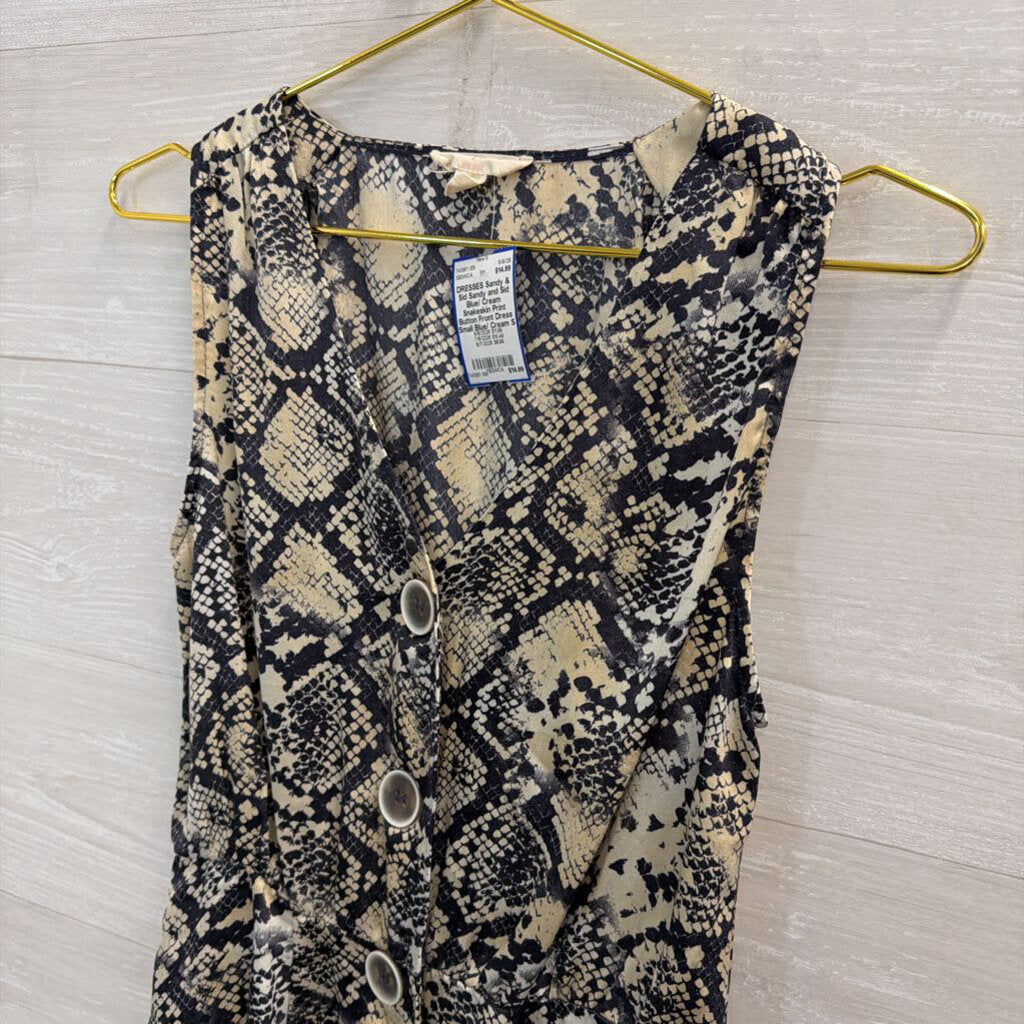 Sandy and Sid Blue/ Cream Snakeskin Print Button Front Dress Small