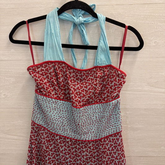 Free People Blue/ Red Print Halter Neck Dress 6
