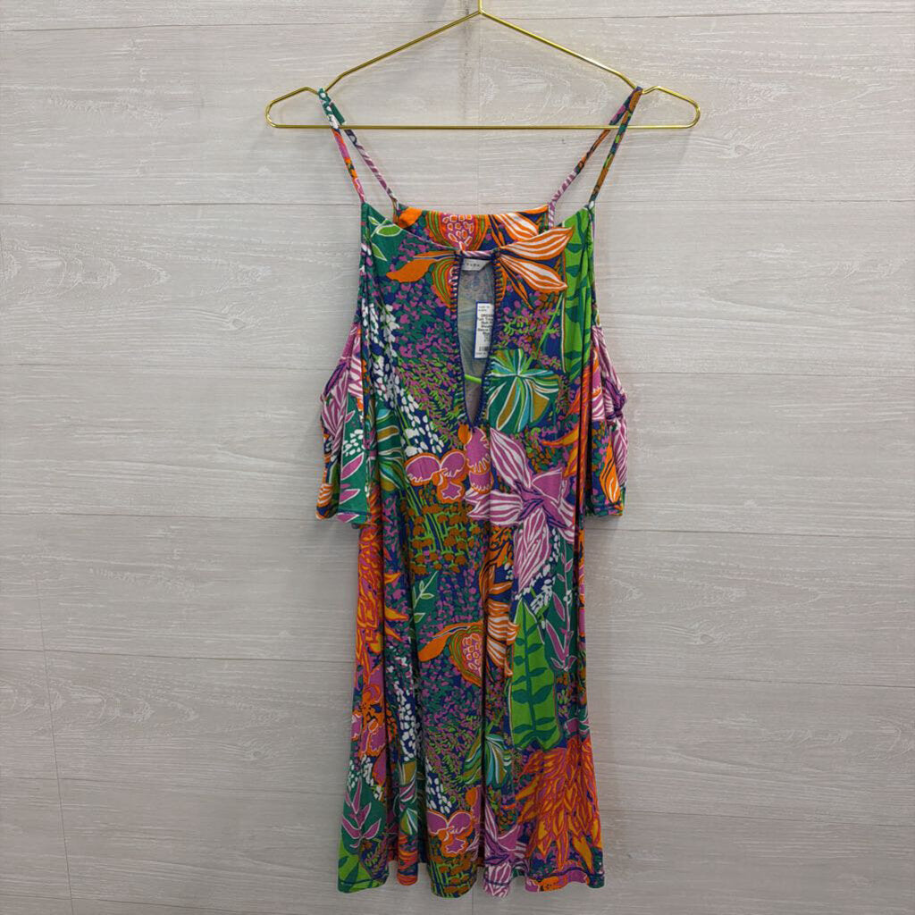 Trina Turk Blue/ Multi Print Cold Shoulder Short Sleeve Dress Small