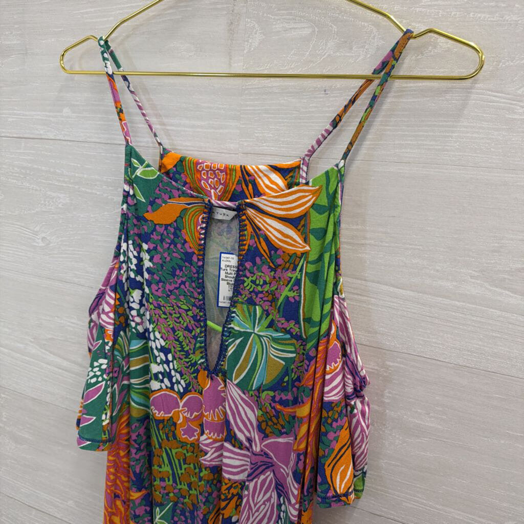 Trina Turk Blue/ Multi Print Cold Shoulder Short Sleeve Dress Small
