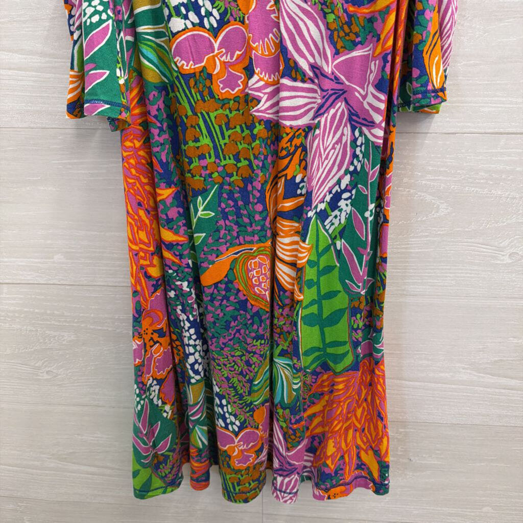 Trina Turk Blue/ Multi Print Cold Shoulder Short Sleeve Dress Small