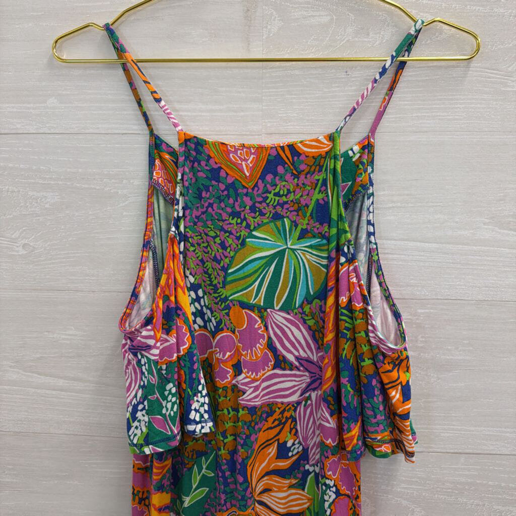 Trina Turk Blue/ Multi Print Cold Shoulder Short Sleeve Dress Small