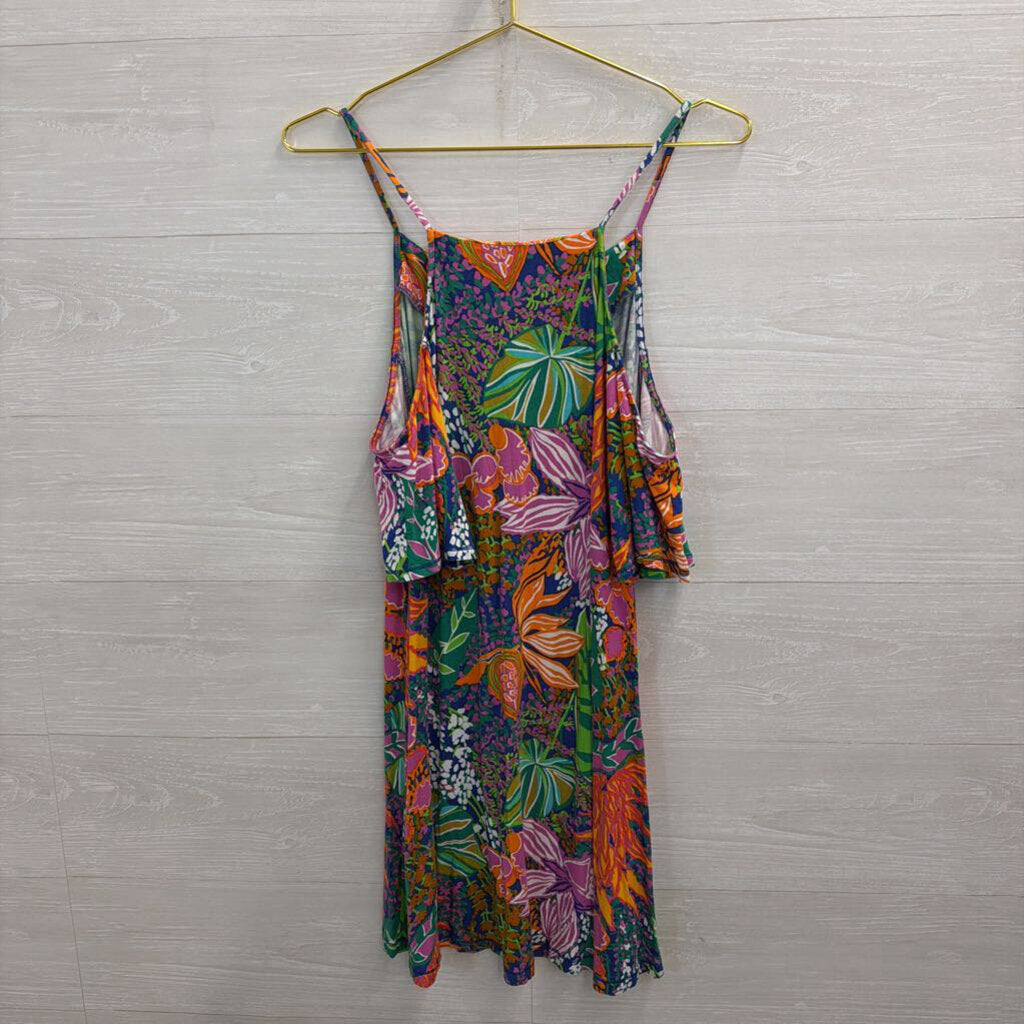 Trina Turk Blue/ Multi Print Cold Shoulder Short Sleeve Dress Small