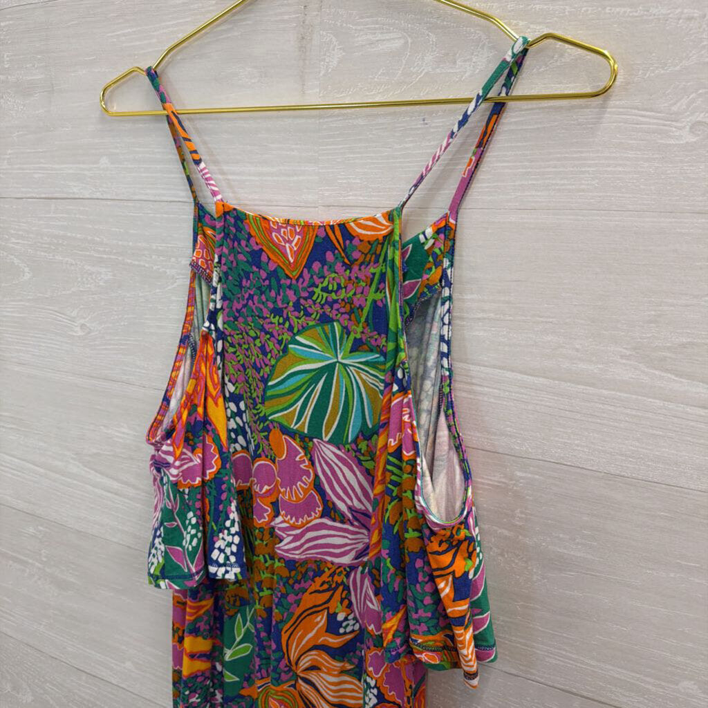 Trina Turk Blue/ Multi Print Cold Shoulder Short Sleeve Dress Small