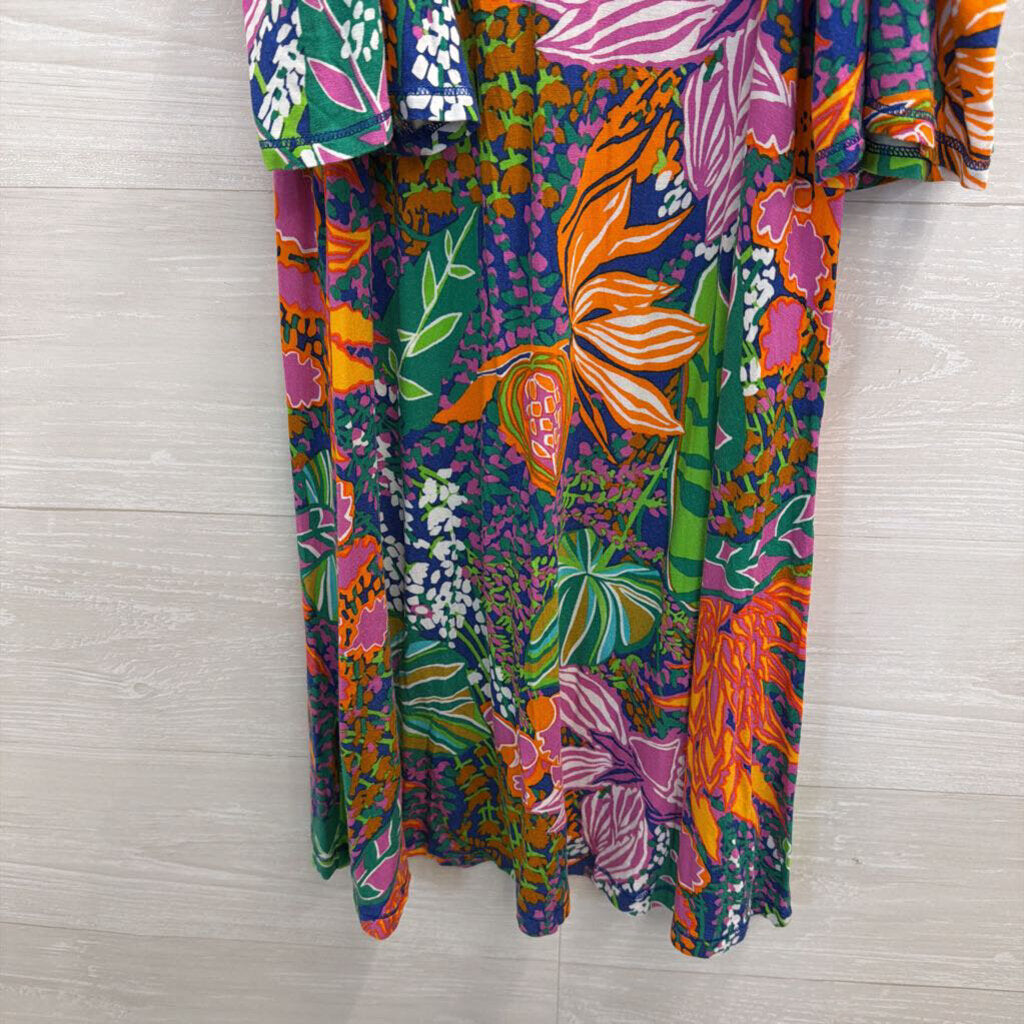 Trina Turk Blue/ Multi Print Cold Shoulder Short Sleeve Dress Small