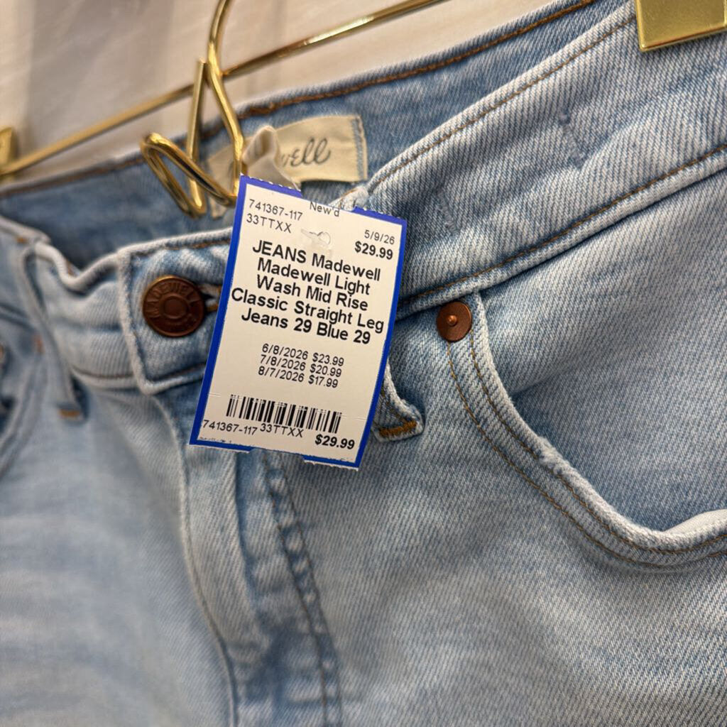 Madewell Light Wash Mid Rise Classic Straight Leg Jeans 29