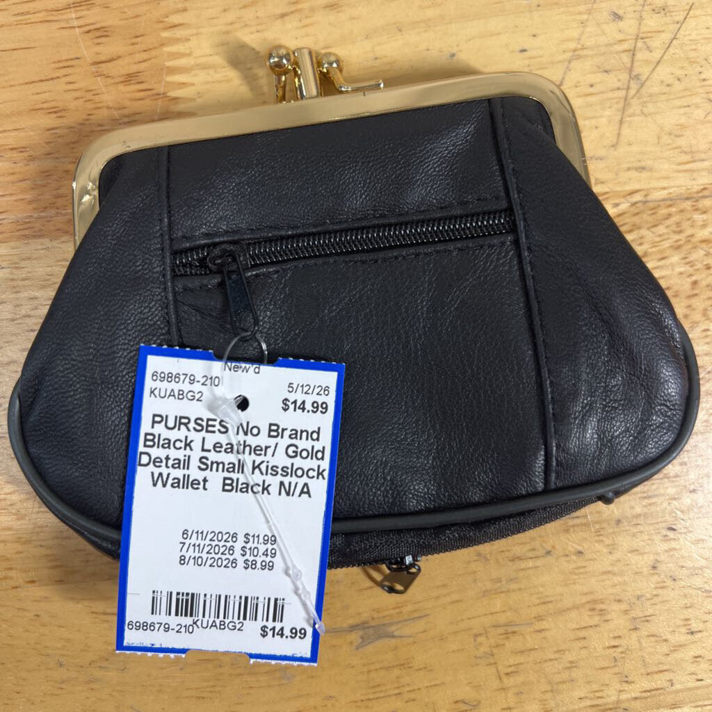 Black Leather/ Gold Detail Small Kisslock Wallet
