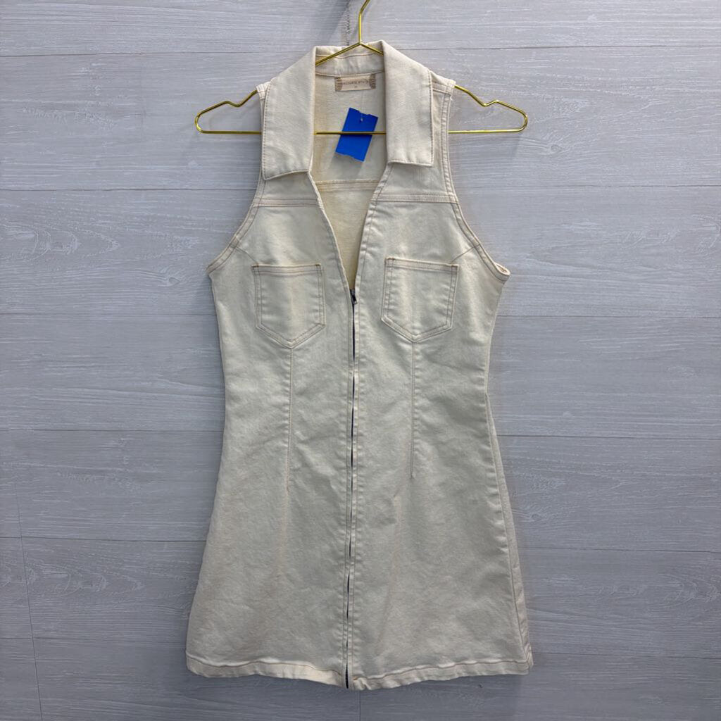 Altar'd State Cream Denim Zip Front Sleeveless Dress Medium
