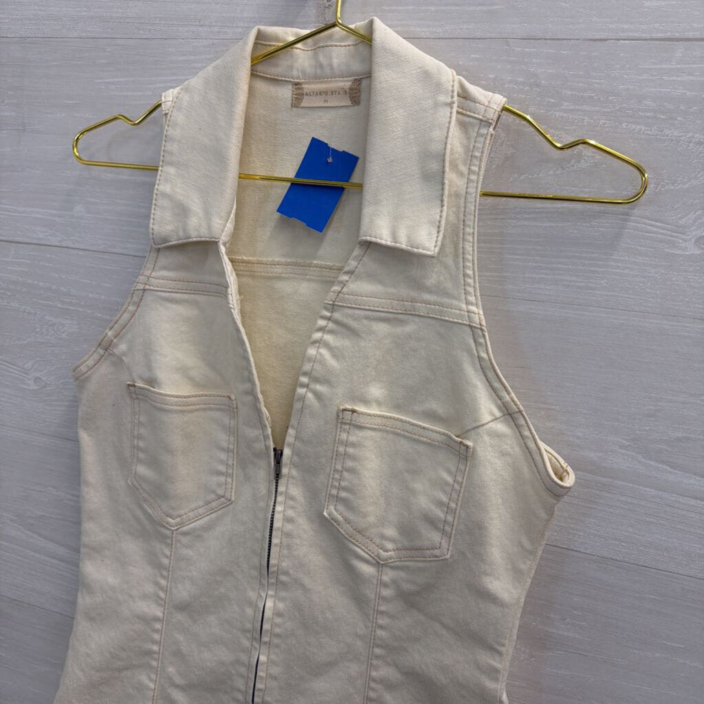 Altar'd State Cream Denim Zip Front Sleeveless Dress Medium