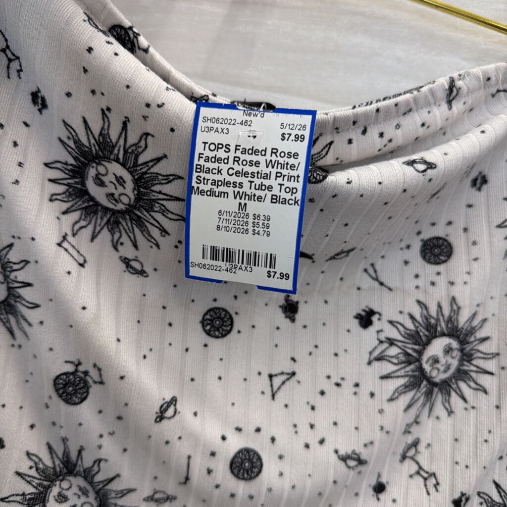 Faded Rose White/ Black Celestial Print Strapless Tube Top Medium