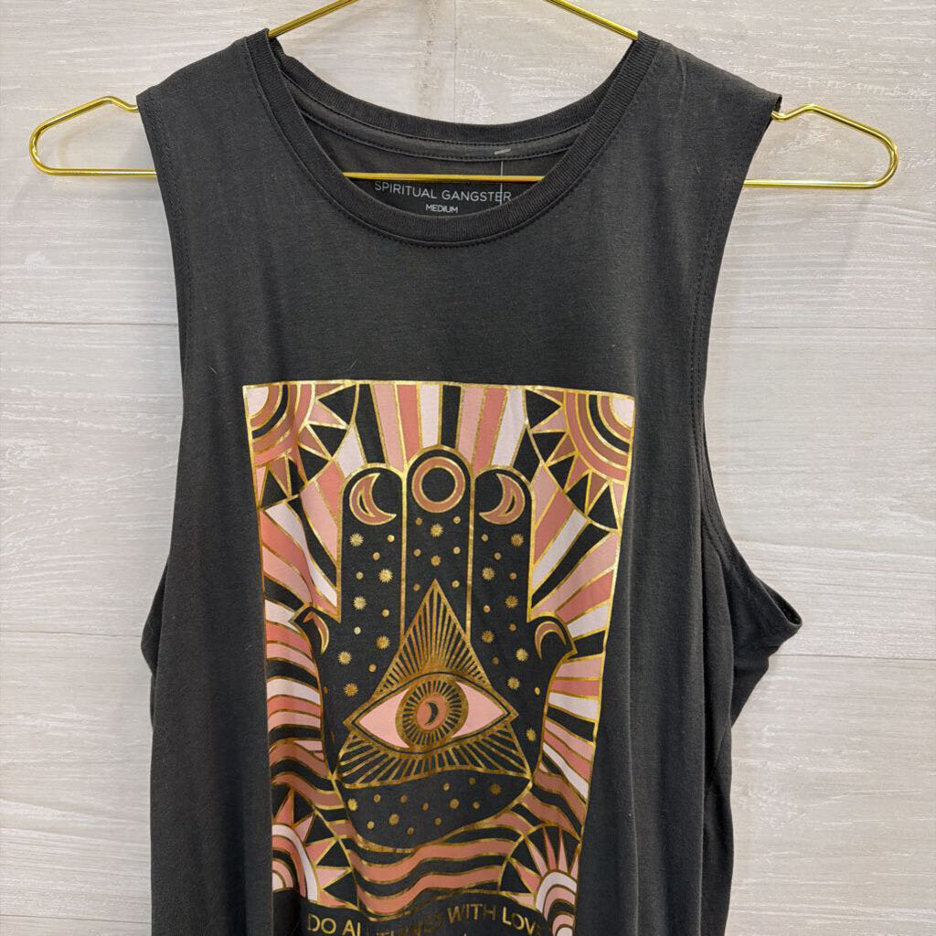 Spiritual Gangster Grey/ Multi Graphic Print Tank Top Medium