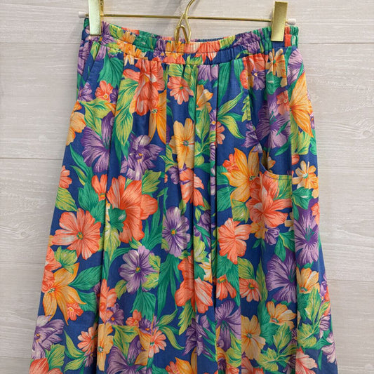 Vintage Blue/ Multi Floral Print Midi Skirt Small