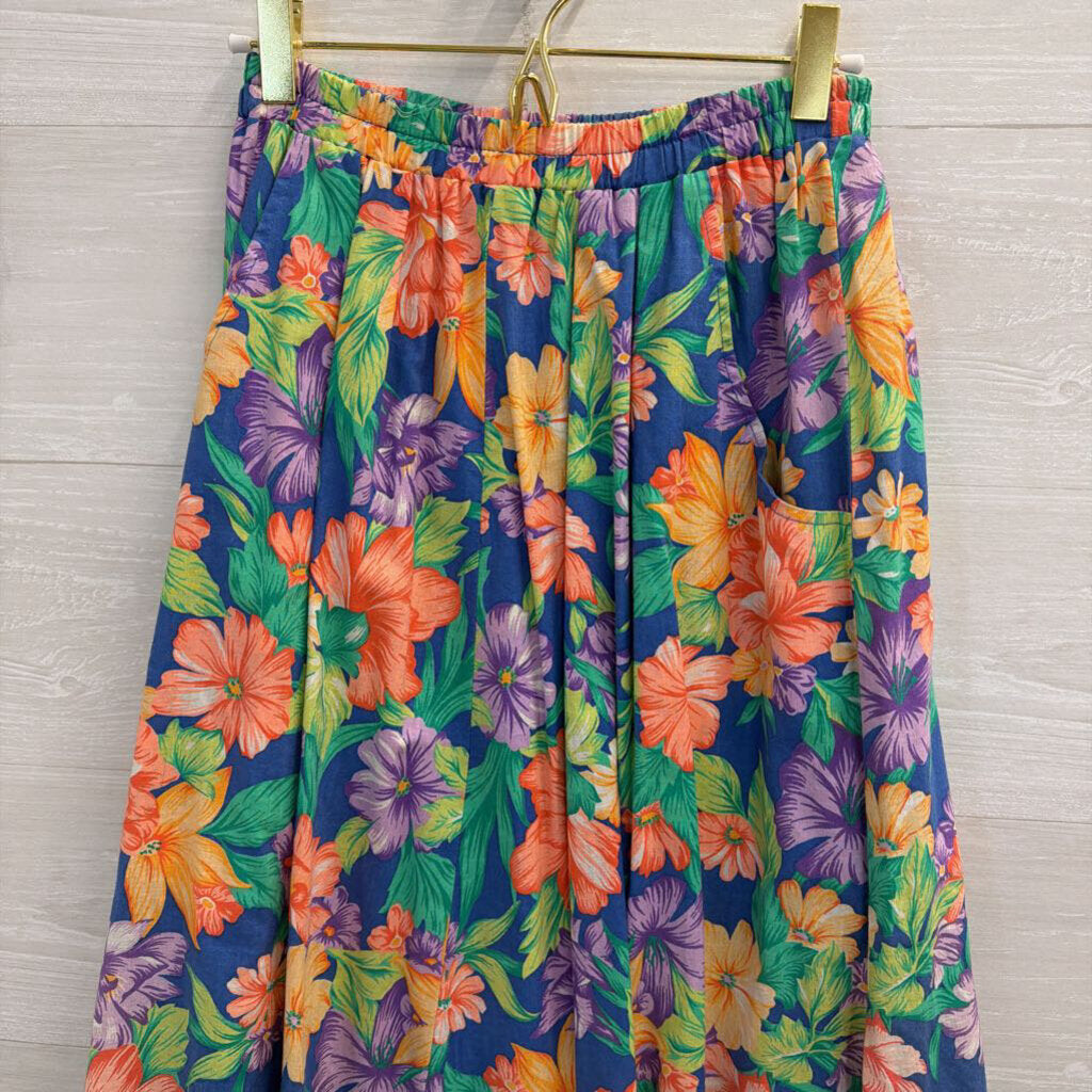 Vintage Blue/ Multi Floral Print Midi Skirt Small