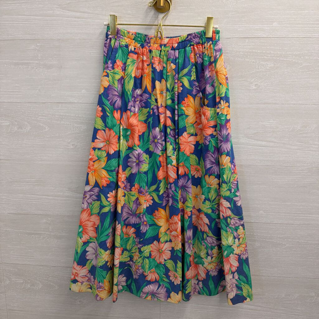 Vintage Blue/ Multi Floral Print Midi Skirt Small