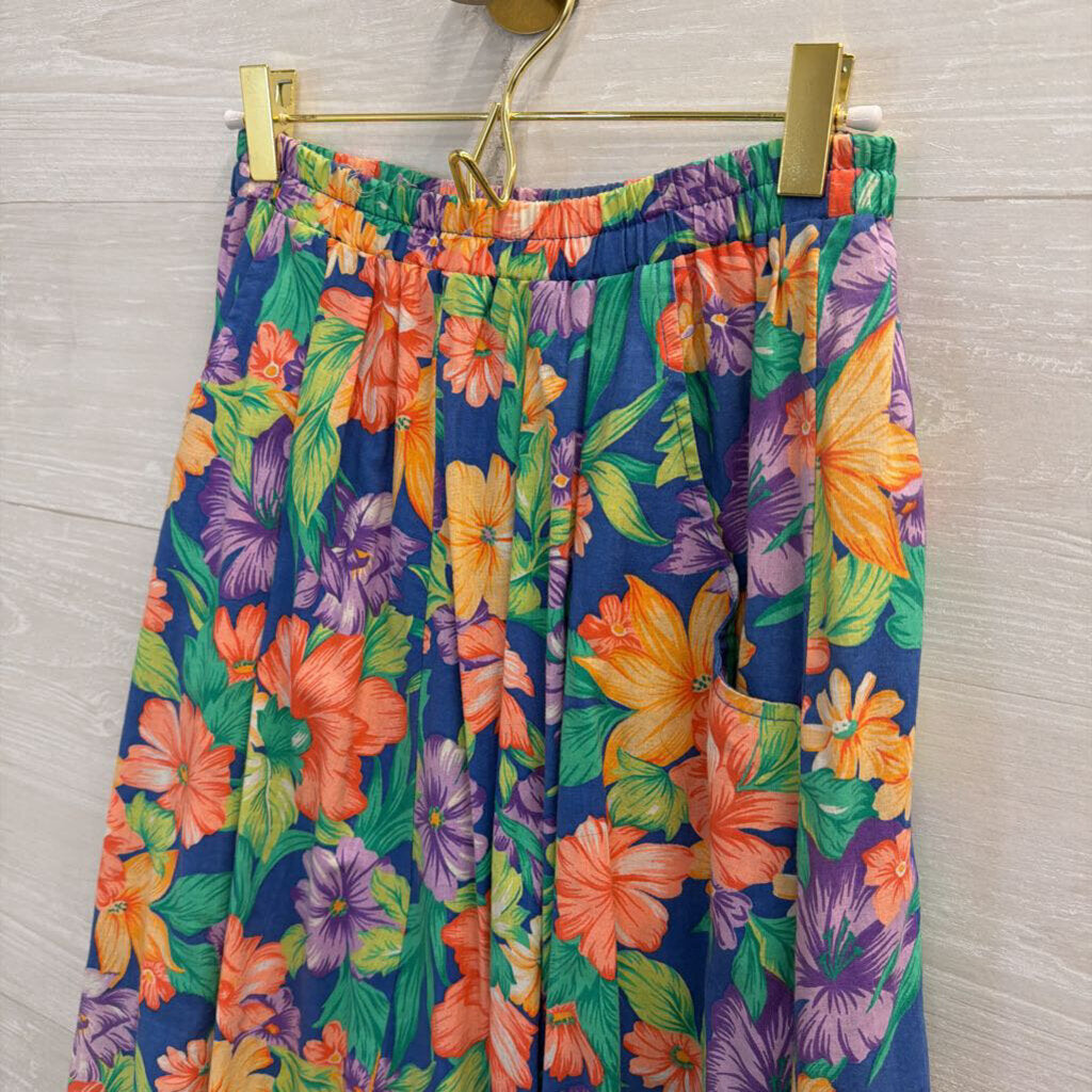 Vintage Blue/ Multi Floral Print Midi Skirt Small