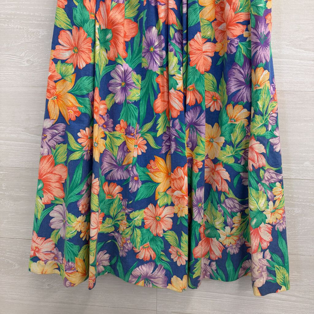 Vintage Blue/ Multi Floral Print Midi Skirt Small