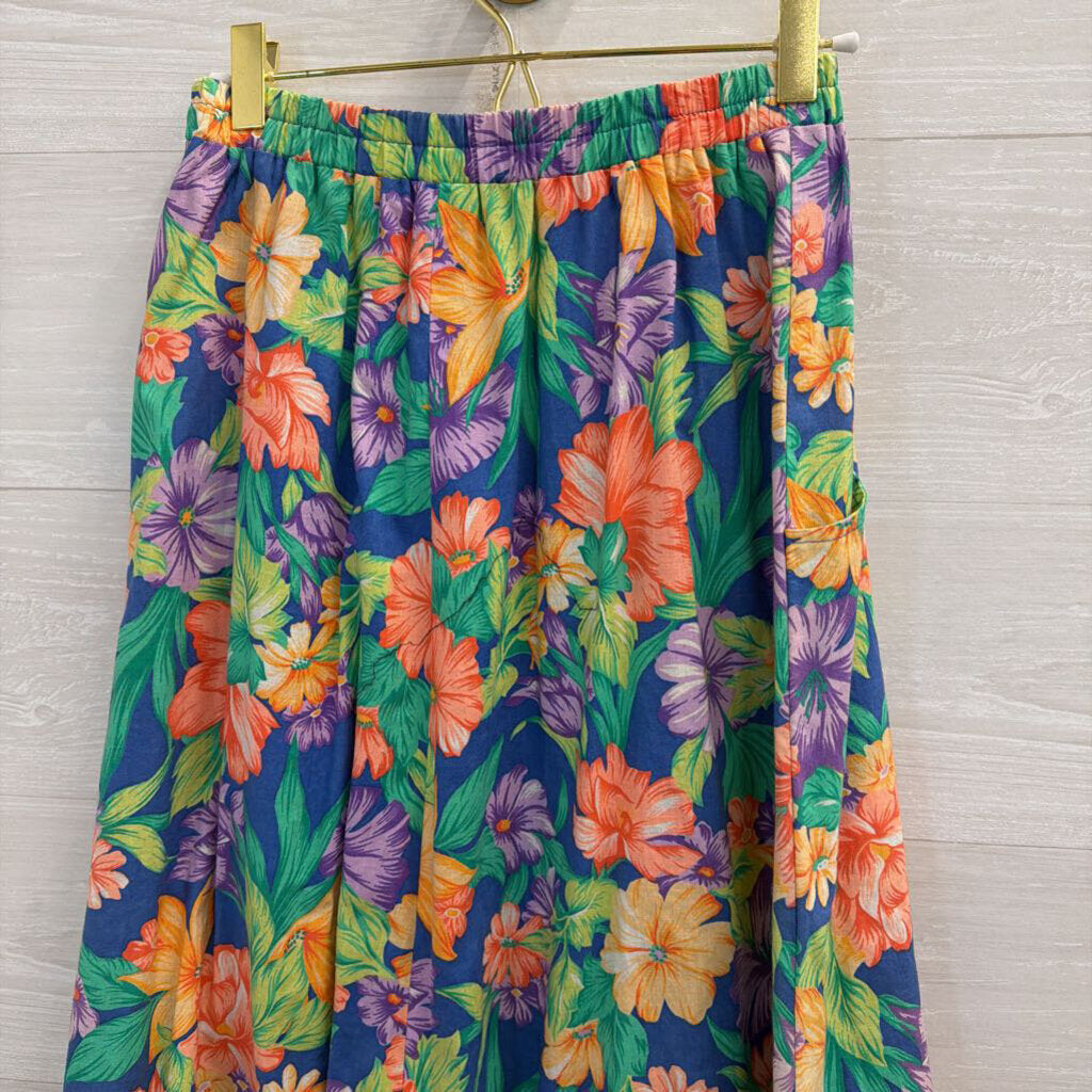 Vintage Blue/ Multi Floral Print Midi Skirt Small