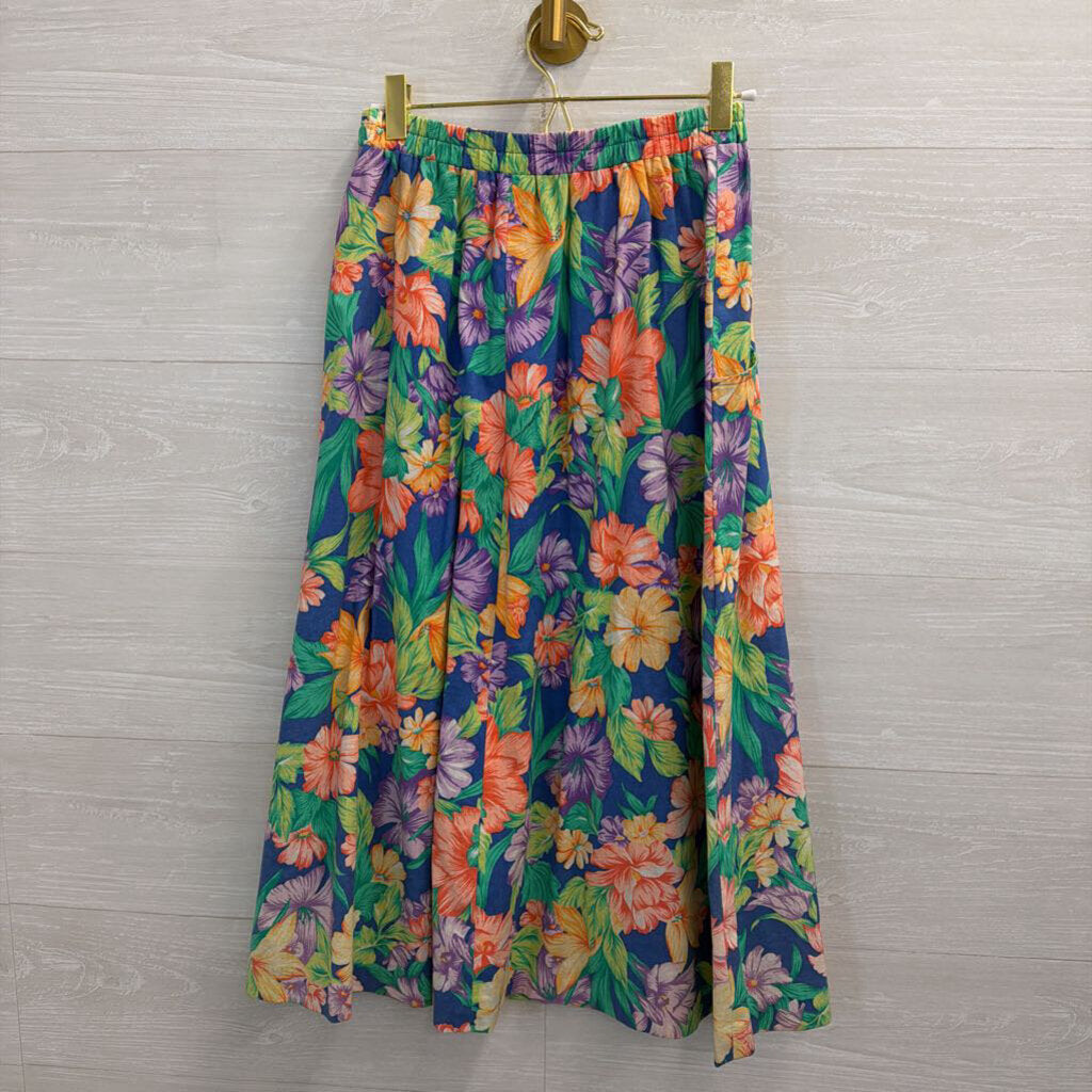 Vintage Blue/ Multi Floral Print Midi Skirt Small