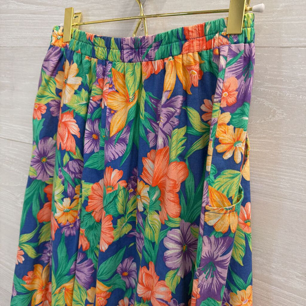 Vintage Blue/ Multi Floral Print Midi Skirt Small