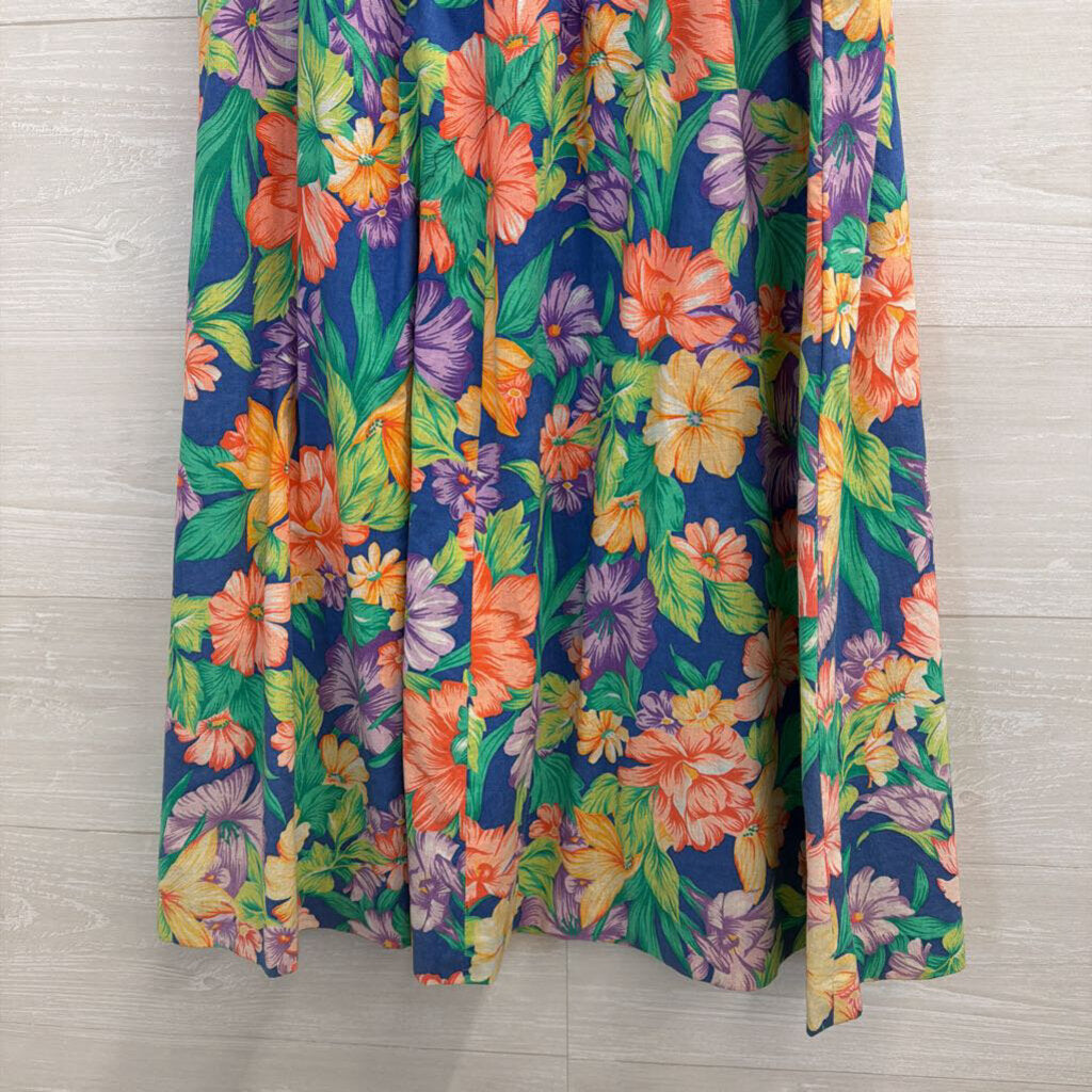 Vintage Blue/ Multi Floral Print Midi Skirt Small