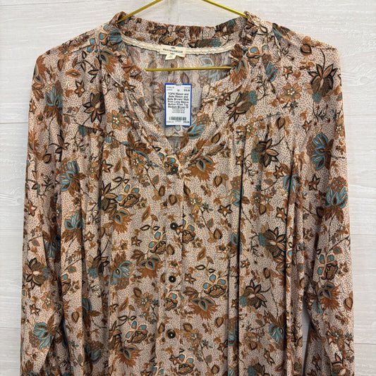 Mason and Belle Brown/ Multi Print Long Sleeve Button Front Top Medium
