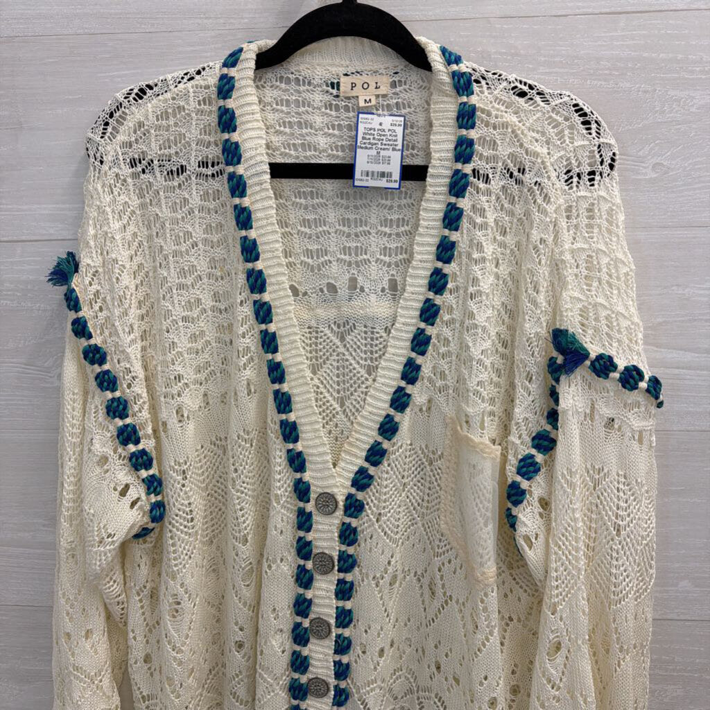 POL White Open Knit Blue Rope Detail Cardigan Sweater Medium