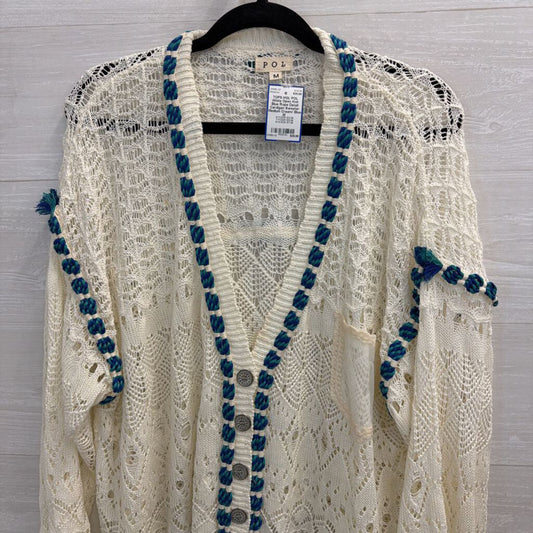 POL White Open Knit Blue Rope Detail Cardigan Sweater Medium