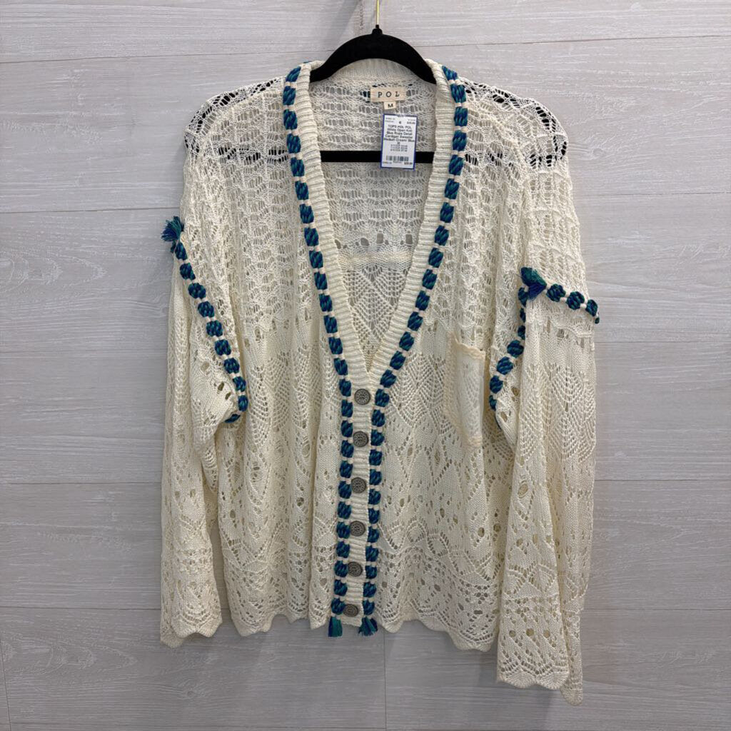 POL White Open Knit Blue Rope Detail Cardigan Sweater Medium
