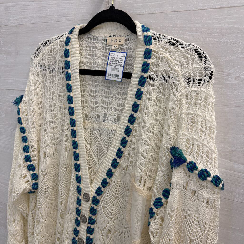 POL White Open Knit Blue Rope Detail Cardigan Sweater Medium