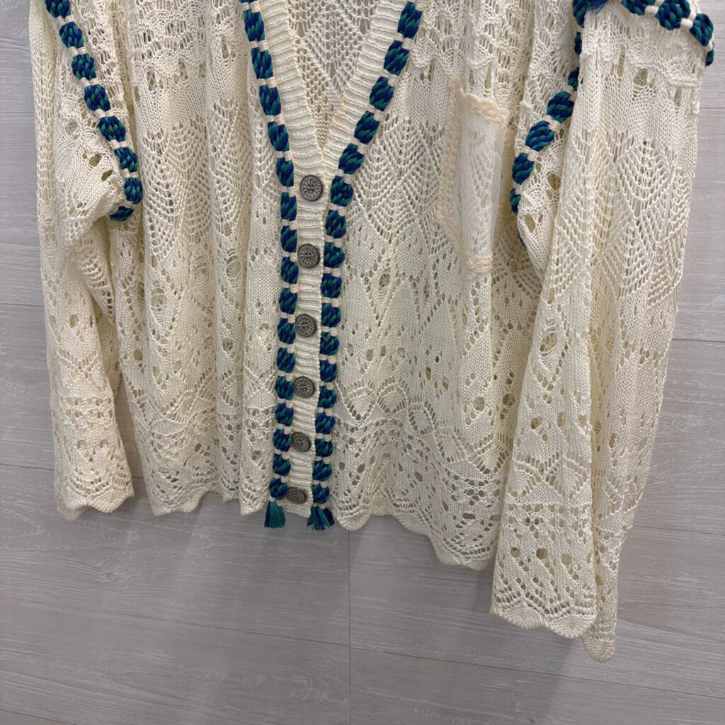 POL White Open Knit Blue Rope Detail Cardigan Sweater Medium