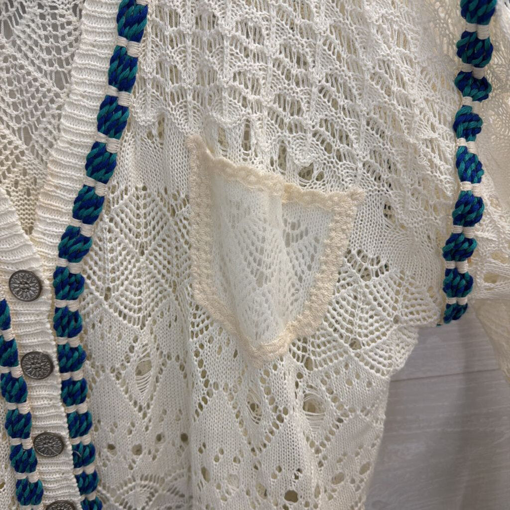 POL White Open Knit Blue Rope Detail Cardigan Sweater Medium