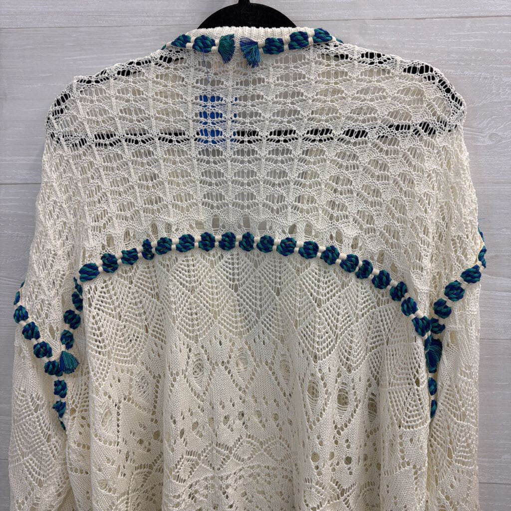POL White Open Knit Blue Rope Detail Cardigan Sweater Medium